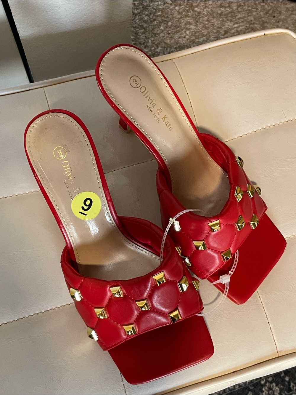 Olivia & Kate Red Studded Quilted Mule Heels